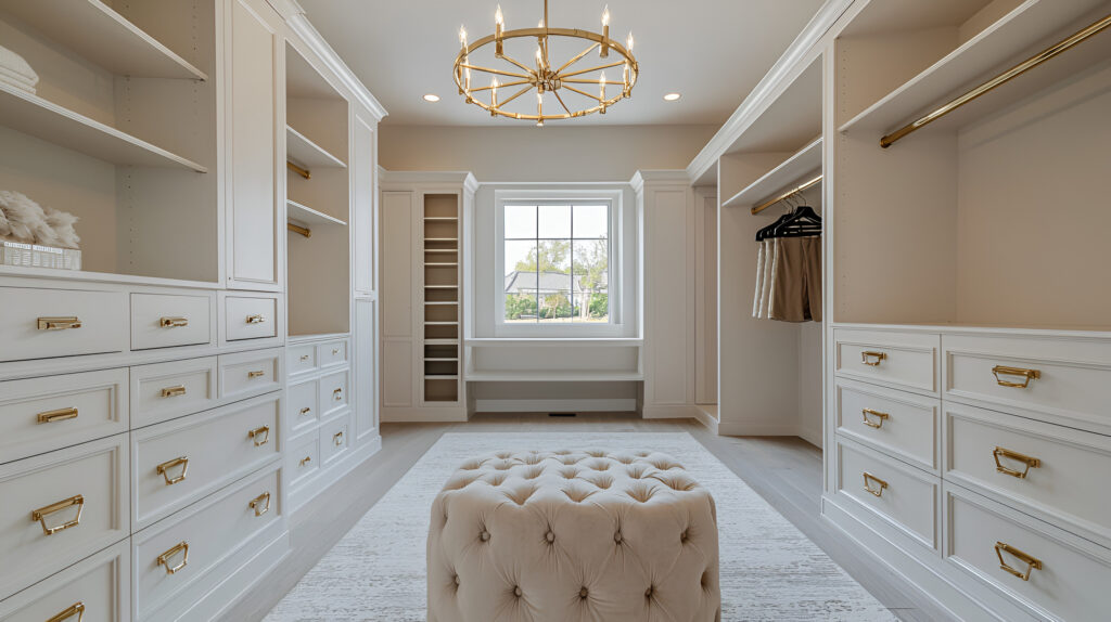 A luxurious walk-in closet featuring custom white cabinetry, gold hardware, and a plush ottoman for a sophisticated design.